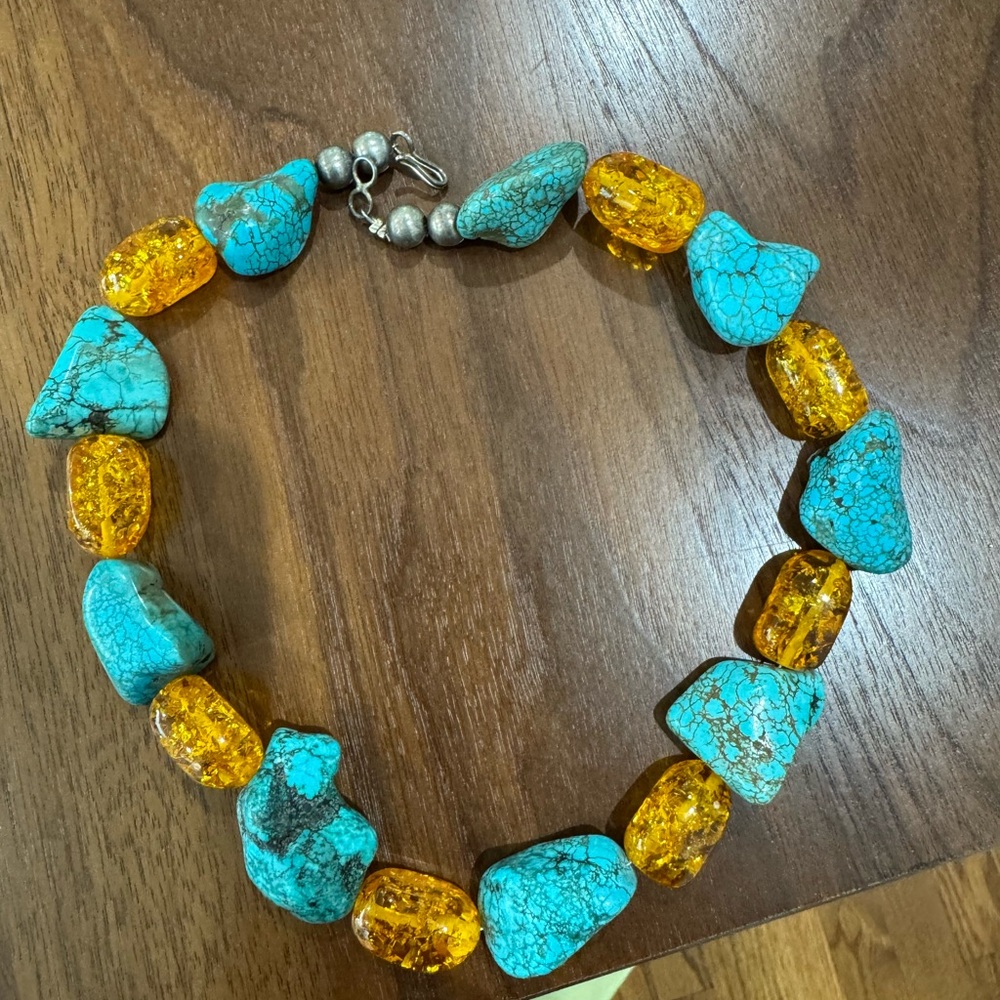 Turquoise and Amber Beaded Necklace